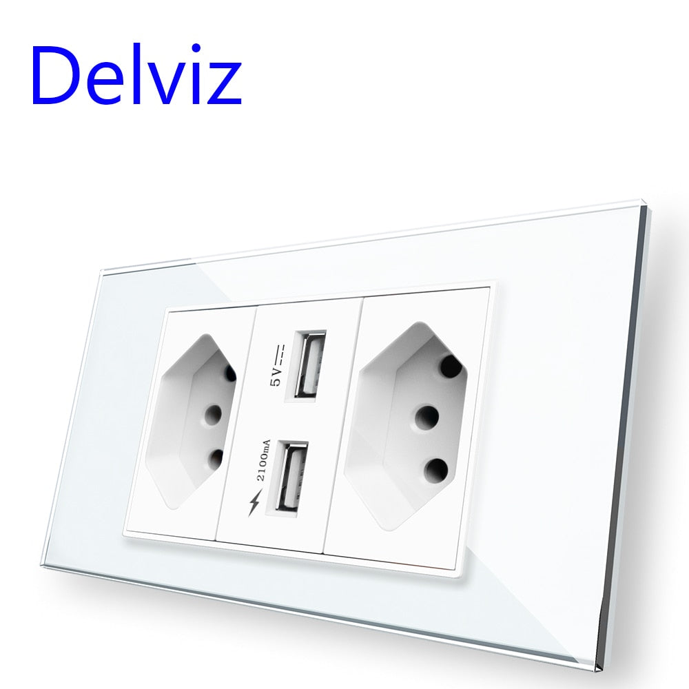 Delviz Brasil Standard Socket, White Tempered Glass Panel, USB Socket 2100ma, Size 120mm*72mm, With USB Ports Wall Socket