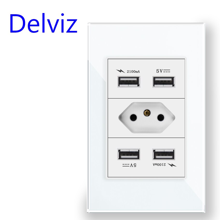 Delviz Brasil Standard Socket, White Tempered Glass Panel, USB Socket 2100ma, Size 120mm*72mm, With USB Ports Wall Socket