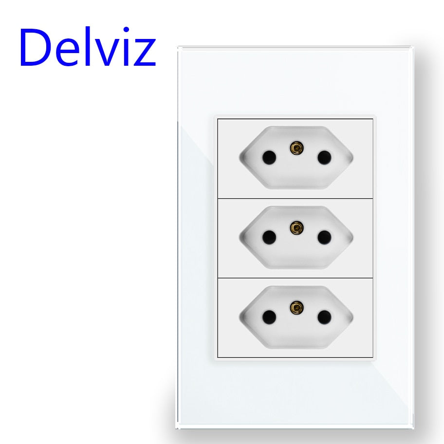 Delviz Brasil Standard Socket, White Tempered Glass Panel, USB Socket 2100ma, Size 120mm*72mm, With USB Ports Wall Socket