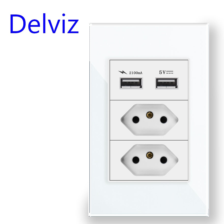 Delviz Brasil Standard Socket, White Tempered Glass Panel, USB Socket 2100ma, Size 120mm*72mm, With USB Ports Wall Socket