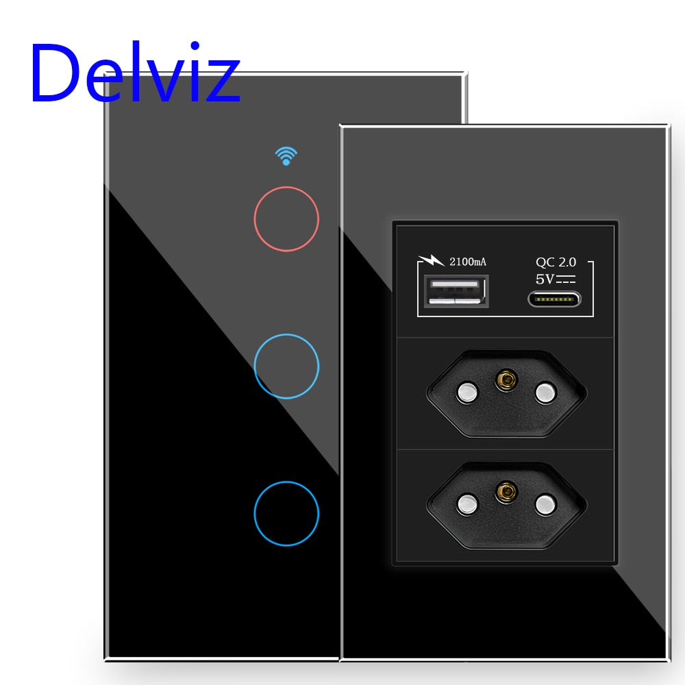 Delviz USB Wall Socket, 120mm*72mm Panel, AC 110V~250V, 3Group, 3pin, Power Outlet, BR Standard Crystal Switch