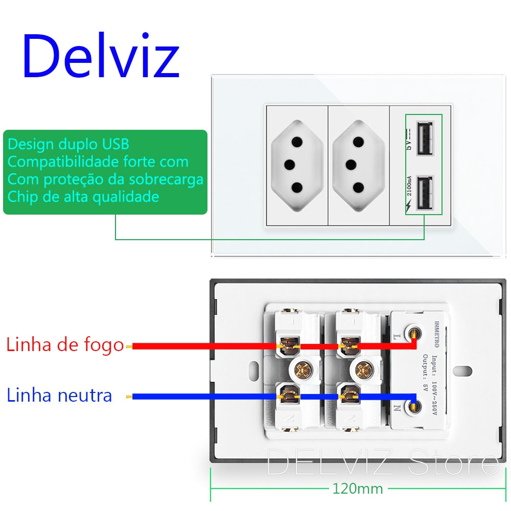 Delviz USB Wall Socket, 120mm*72mm Panel, AC 110V~250V, 3Group, 3pin, Power Outlet, BR Standard Crystal Switch