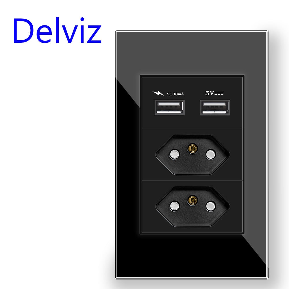 Delviz USB Wall Socket, 120mm*72mm Panel, AC 110V~250V, 3Group, 3pin, Power Outlet, BR Standard Crystal Switch