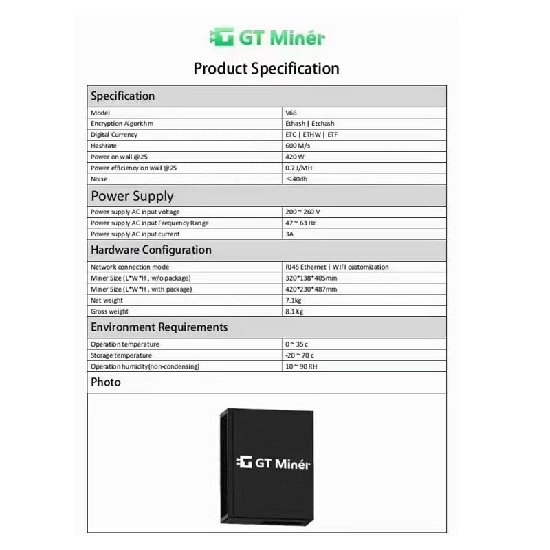 Maquina de Mineração Cripto GT Miner v66 630MH/s 0.7J/Mh ETC/ETHW/ETHF Ethash/Etchash 40db Dispositivo de Mineração Silencioso