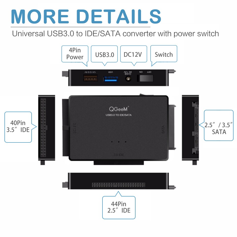 QGeeM SATA to USB IDE Adapter USB 3.0 Sata 2.5 3.5 Hard Disk Drive HDD SSD USB Converter IDE SATA to USB SATA