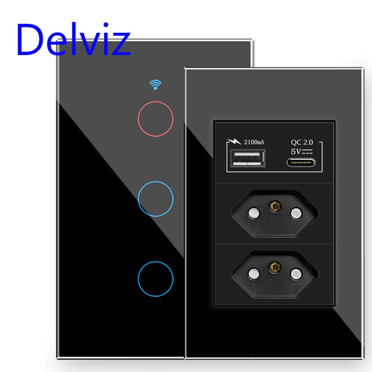 Delviz USB Wall Socket, 120mm*72mm Panel, AC 110V~250V, 3Group, 3pin, Power Outlet, BR Standard Crystal Switch 