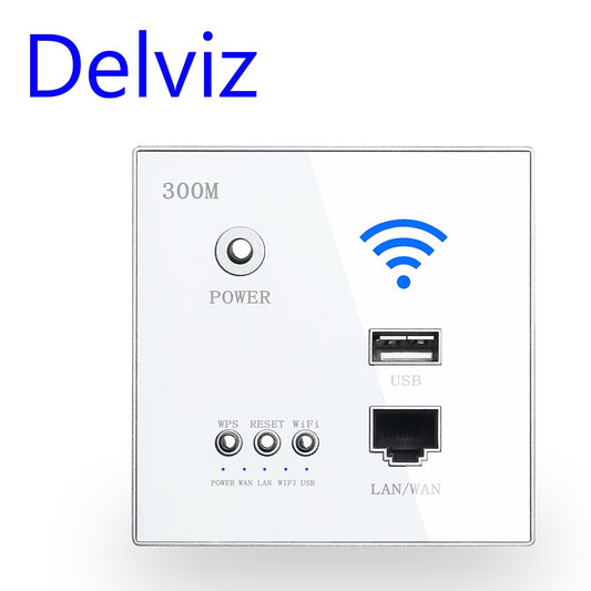 Delviz Wireless WiFi Socket Rj45, Smart AP Relay USB Socket, Crystal Panel, 220V Power, 300Mbps Integrated Wall WIFI Router 