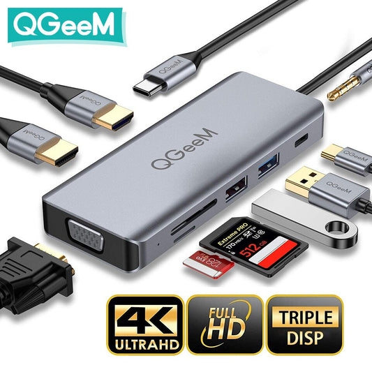 QGeeM USB C Hub for Macbook Pro Air Dual HDMI VGA Micro SD Card Readers Aux PD OTG Multi USB Hub 3.0 Type C Notebook Adapter 