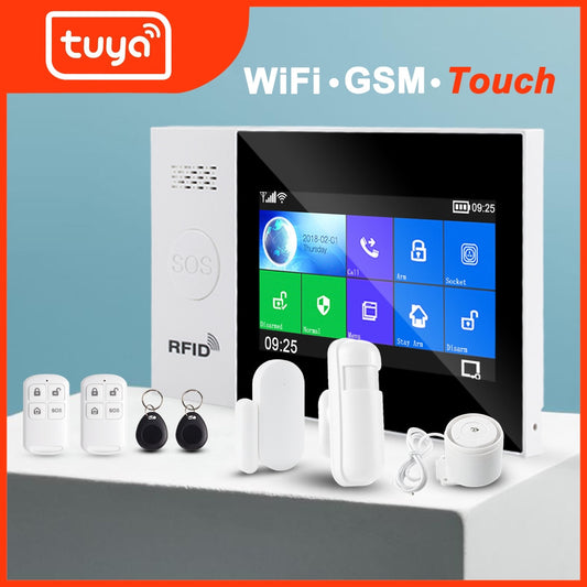 Tuya WiFi GSM Home Security Protection Smart Alarm System Touch Screen Thief Kit Mobile App RFID Remote Control Arm and Disarm